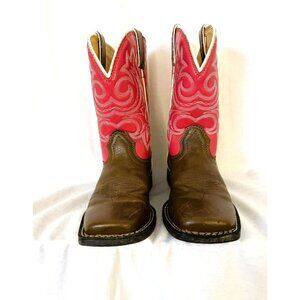 Durango Brand Kid's Jr. Western Boots in Brown & Red, White Stitching on side.